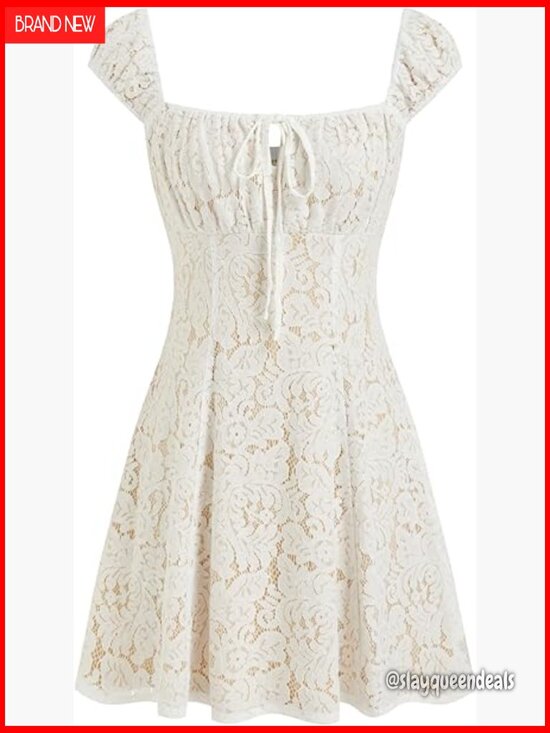Dresses & Skirts - Lace Mini Dress Square Neck Short Puff Sleeve A Line Cocktail Party